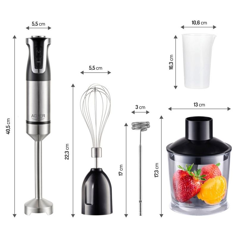 Electronice si Electrocasnice - Electrocasnice bucatarie - Mixere, tocatoare & roboti de bucatarie - Blendere si mini tocatoare - Blender Vertical 5 in 1 Adler AD4627B, 1500W, 20 Viteze, Functie Turbo, Negru - Infinity.ro