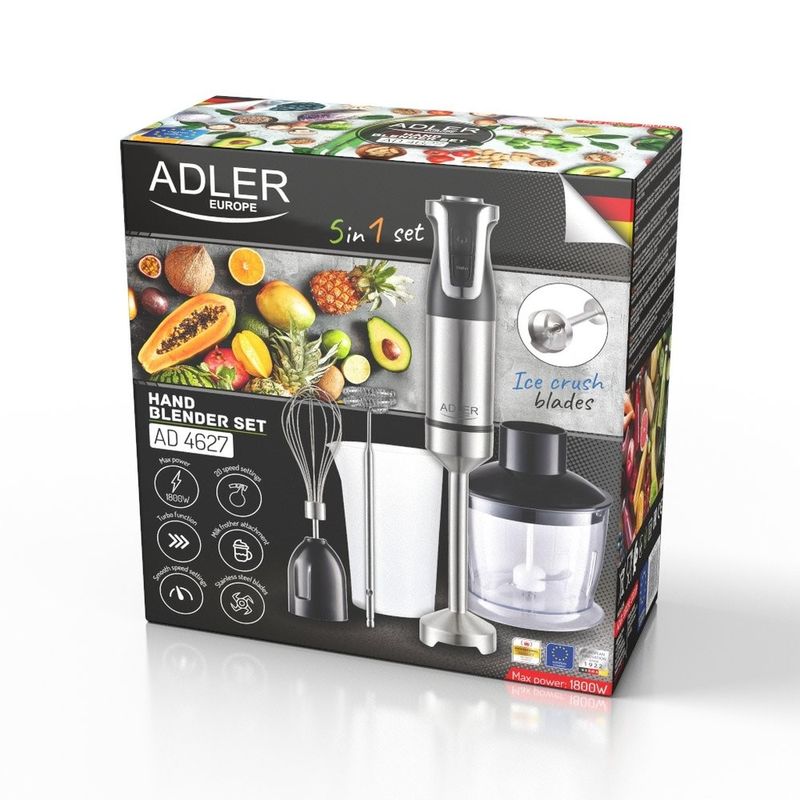 Electronice si Electrocasnice - Electrocasnice bucatarie - Mixere, tocatoare & roboti de bucatarie - Blendere si mini tocatoare - Blender Vertical 5 in 1 Adler AD4627B, 1500W, 20 Viteze, Functie Turbo, Negru - Infinity.ro