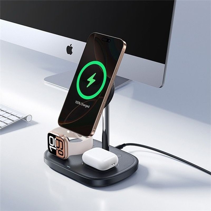 Laptop, Telefoane si Tablete - Telefoane mobile si accesorii - Accesorii Telefoane - Incarcatoare telefoane - Baseus EnerFill FS41 Suport de incarcare wireless 3-in-1, 22,5W, negru + cablu USB Type-C, 1m - Infinity.ro