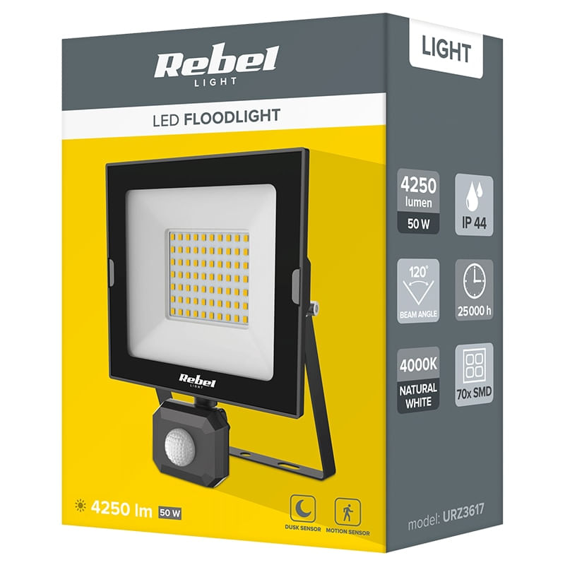 Casa si Gradina - Corpuri si surse de iluminat - Iluminat comercial si industrial - Proiectoare si lampi de lucru - Proiector LED Rebel cu senzor de miscare, 50W, 4250lm, lumina neutra, 4000K, IP65 - Infinity.ro