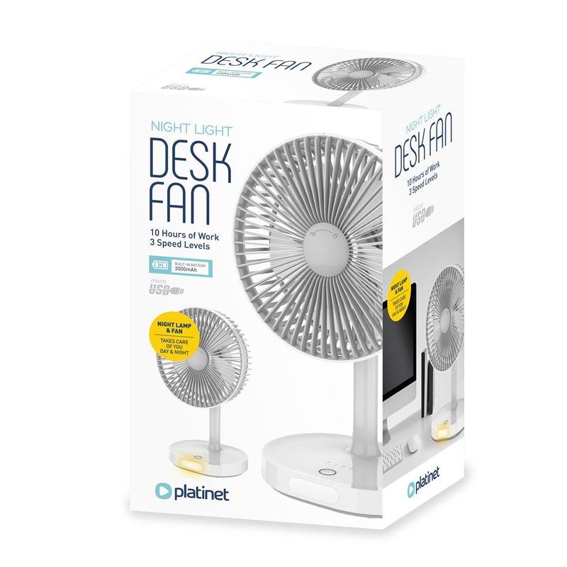 Electronice si Electrocasnice - Climatizare si sisteme de incalzire - Aparate racire aer - Ventilatoare - Ventilator portabil, Platinet 45242, diametru 140mm, cu baterie 3000mAh si lumina de noapte, alb - Infinity.ro