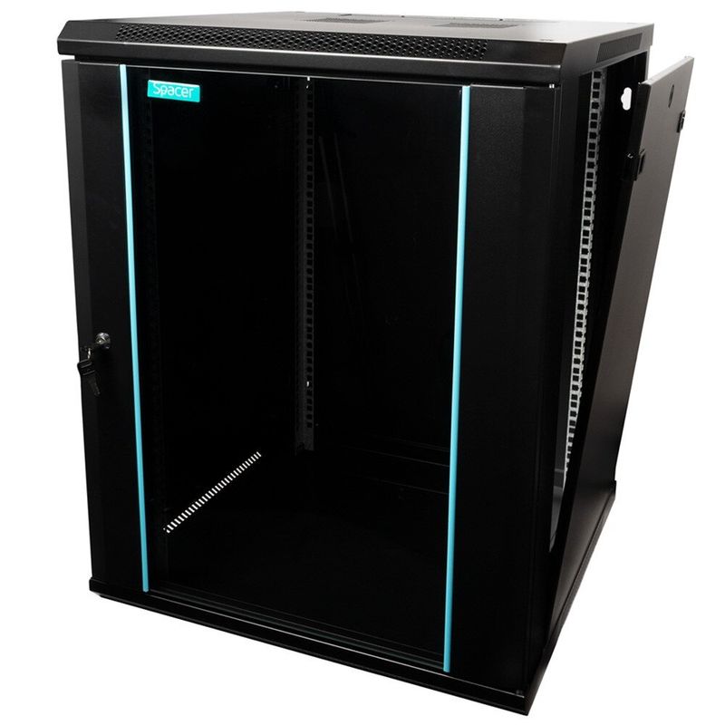 PC, gaming si accesorii - Servere - Rack server - Rack Wallmount SPACER 15U 600x600mm, Flatpack, Usa Sticla, Negru - Infinity.ro