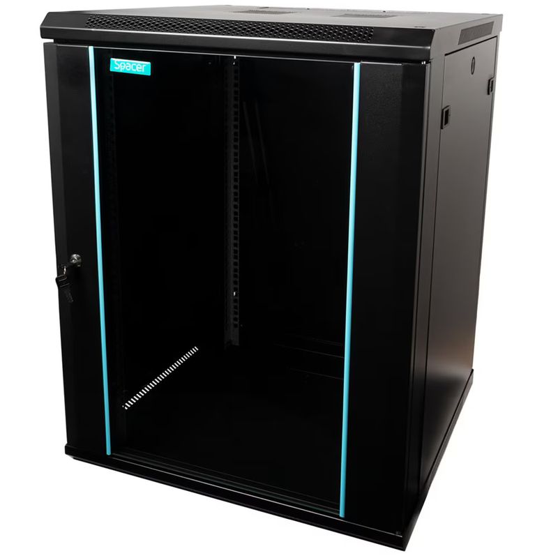 PC, gaming si accesorii - Servere - Rack server - Rack Wallmount SPACER 15U 600x600mm, Flatpack, Usa Sticla, Negru - Infinity.ro