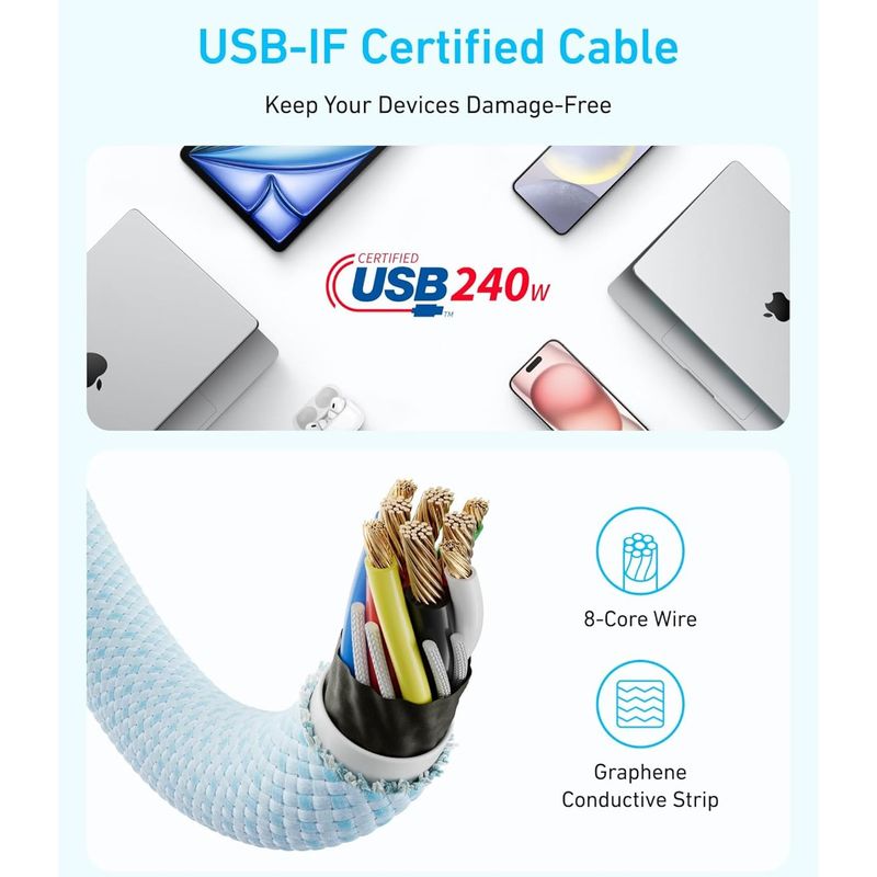 Laptop, Telefoane si Tablete - Telefoane mobile si accesorii - Accesorii Telefoane - Cabluri si adaptoare telefoane - Cablu Anker Zolo USB-C la USB-C, 240W, 1.8m, Negru - Infinity.ro