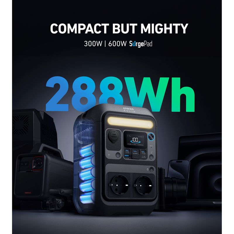 Casa si Gradina - Electrice - Panouri solare si accesorii - Accesorii panouri solare - Kit Statie de alimentare Anker Solix C300X AC cu Panou solar Anker Solix, 60W, portabil - Infinity.ro