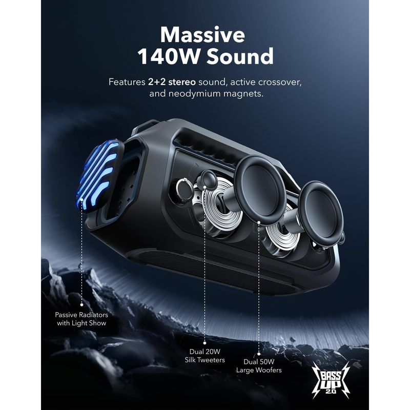 TV, Audio-Video si Foto - Portabile audio - Boxe portabile - Boxa portabila Anker Soundcore Boom 2 Plus, 140W, BassUp 2.0, IPX7, Lumini RGB, Baterie externa, Bluetooth 5.3, Negru - Infinity.ro