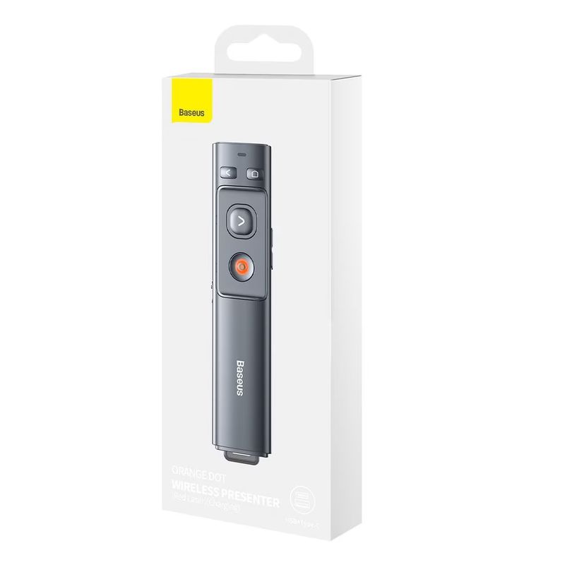TV, Audio-Video si Foto - Accesorii TV si audio - Telecomenzi - Presenter multifunctional Baseus Orange Dot Wireless, 2.4GHz, USB si USB-C, 250 mAh, Red Laser Pointer, Universal, Gri - Infinity.ro