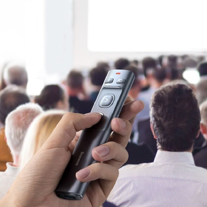 TV, Audio-Video si Foto - Accesorii TV si audio - Telecomenzi - Presenter multifunctional Baseus Orange Dot Wireless, 2.4GHz, USB si USB-C, 250 mAh, Red Laser Pointer, Universal, Gri - Infinity.ro