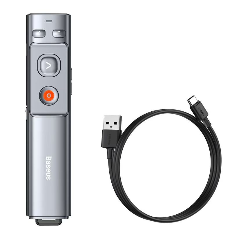 TV, Audio-Video si Foto - Accesorii TV si audio - Telecomenzi - Presenter multifunctional Baseus Orange Dot Wireless, 2.4GHz, USB si USB-C, 250 mAh, Red Laser Pointer, Universal, Gri - Infinity.ro