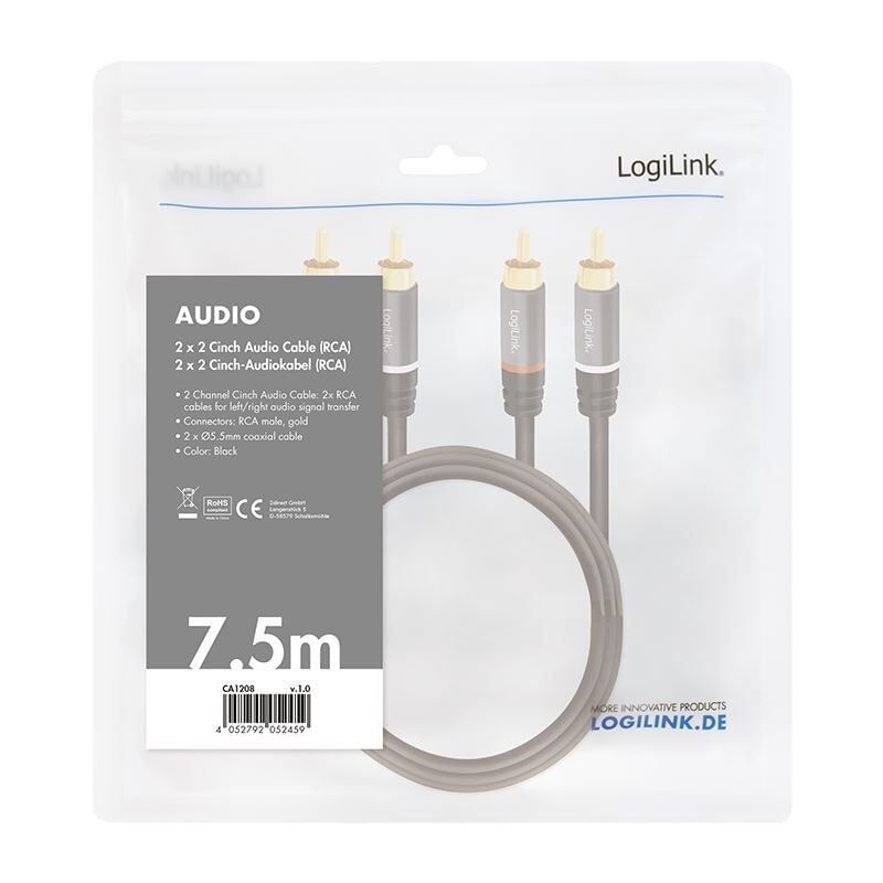 TV, Audio-Video si Foto - Audio Hi-Fi - Accesorii Audio Hi-Fi - Cablu audio Logilink CA1208, stereo RCA tata - tata, 7.5m, conectori auriti, Negru - Infinity.ro