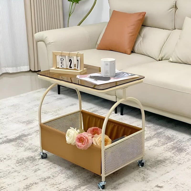 Casa si Gradina - Mobilier - Mese si birouri - Mese living - Masuta mobila pentru cafea, blat din sticla, cadru metalic, spatiu de depozitare, Herum, Crem, 55 x 36 x 57 cm - Infinity.ro