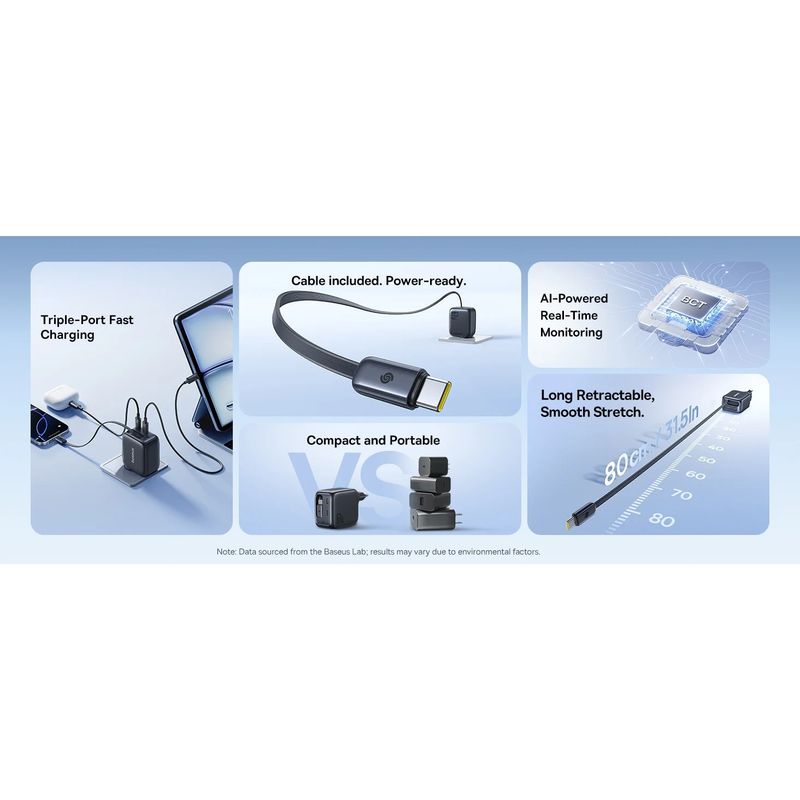 Laptop, Telefoane si Tablete - Telefoane mobile si accesorii - Accesorii Telefoane - Incarcatoare telefoane - Incarcator retea Baseus EnerCore CJ11 67W, 2x USB-C, cu cablu USB-C incorporat, Negru - Infinity.ro