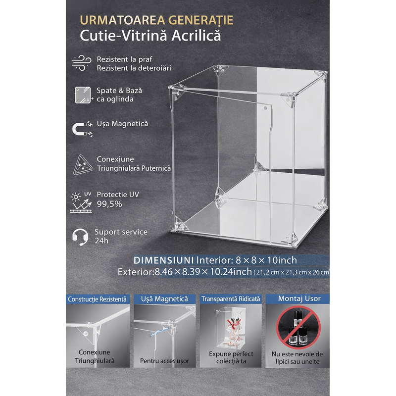 Casa si Gradina - Mobilier - Organizare si depozitare - Cutii depozitare - Cutie vitrina acrilica pentru expunere, cu oglinda, Anti-praf, 20x20x25 cm, compatibila lego, figurine - Infinity.ro