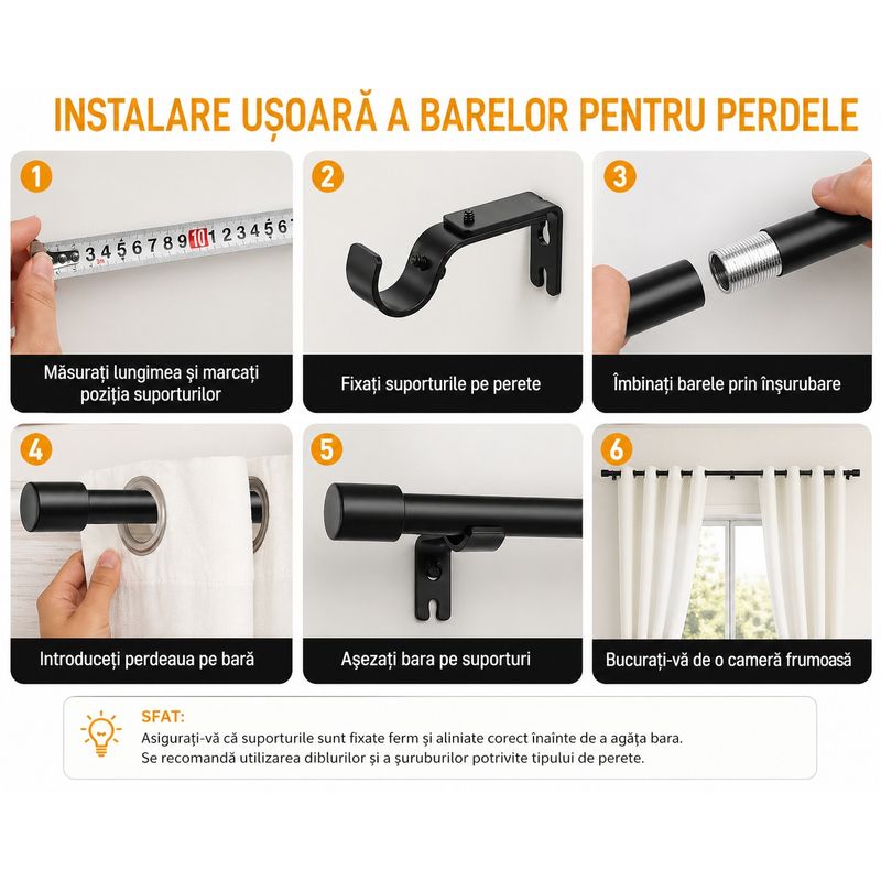 Casa si Gradina - Textile si covoare - Perdele si draperii - Accesorii perdele si draperii - Galerie extensibila pentru perdea si draperie, 76-228 cm, bara metalica negru mat, pentru living, dormitor, bucatarie - Infinity.ro