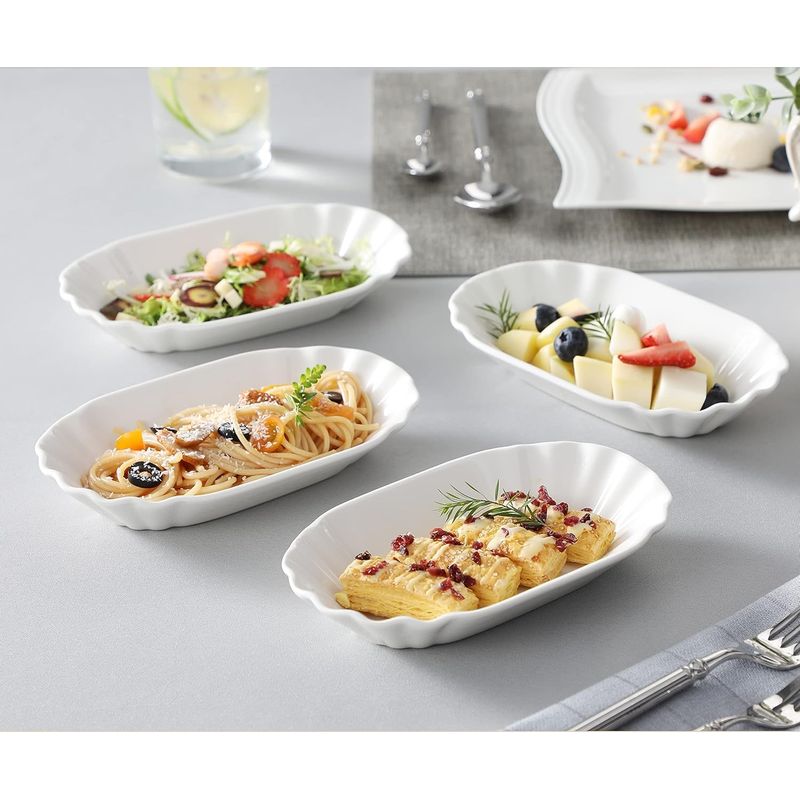 Casa si Gradina - Bucatarie si vesela - Vesela si tacamuri - Platouri de bucatarie - Platou servire portelan, 4 bucati 20 x 12 cm, farfurie de servire eleganta pentru aperitive, deserturi si fructe - Infinity.ro