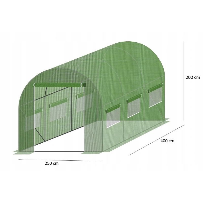 Casa si Gradina - Gradinarit si plante - Sere si solarii - Sera gradina tip tunel 250x400x200 cm, folie PE 140g/m2 UV4, 3 segmente, 6 ferestre rulante, usa blocabila, 10 mp, verde - Infinity.ro