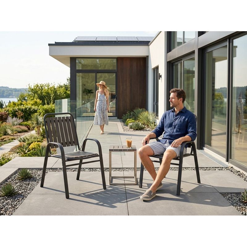 Casa si Gradina - Gradina si terasa - Mobilier exterior - Seturi mobila gradina - Set 2 scaune de gradina cu brate, PP si cadru metalic, 56x63x89 cm, maro - Infinity.ro