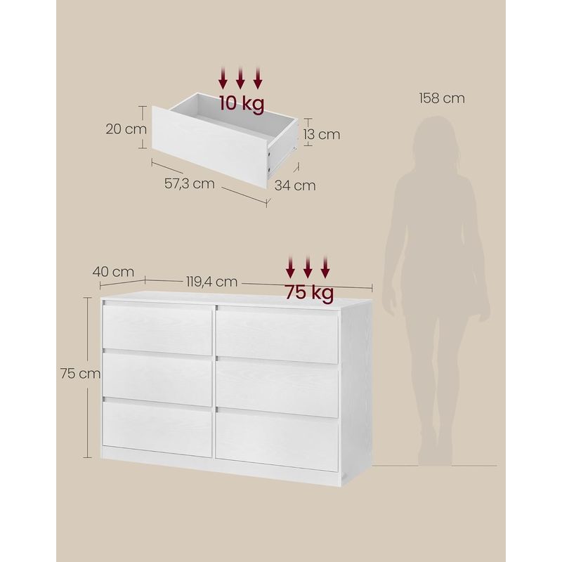 Casa si Gradina - Mobilier - Comode si corpuri - Comode - Comoda cu 6 sertare, design modern minimalist, PAL si MDF, 119x40x75 cm, alb - Infinity.ro