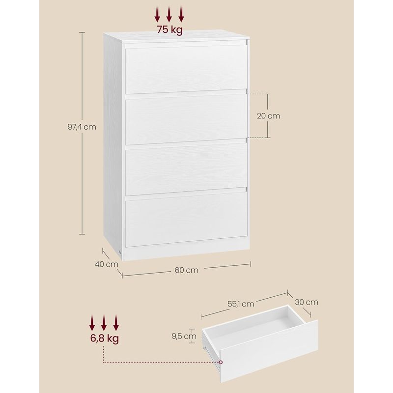 Casa si Gradina - Mobilier - Comode si corpuri - Comode - Comoda cu 4 sertare, design modern minimalist, PAL si MDF, 60x40x97 cm, alb - Infinity.ro
