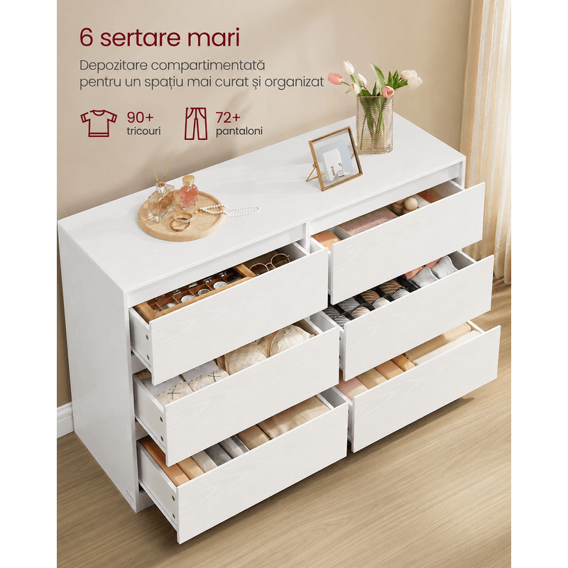Casa si Gradina - Mobilier - Comode si corpuri - Comode - Comoda cu 6 sertare, design modern minimalist, PAL si MDF, 119x40x75 cm, alb - Infinity.ro