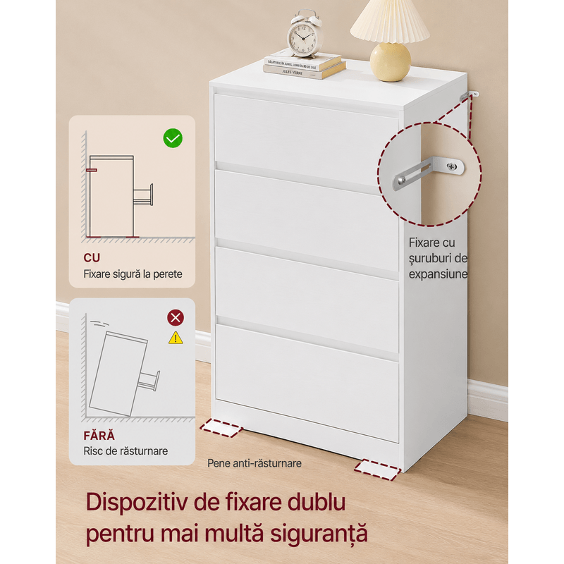Casa si Gradina - Mobilier - Comode si corpuri - Comode - Comoda cu 4 sertare, design modern minimalist, PAL si MDF, 60x40x97 cm, alb - Infinity.ro