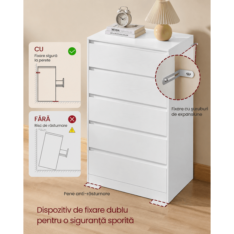 Casa si Gradina - Mobilier - Comode si corpuri - Comode - Comoda cu 5 sertare, design modern minimalist, PAL si MDF, 60x40x97 cm, alb - Infinity.ro