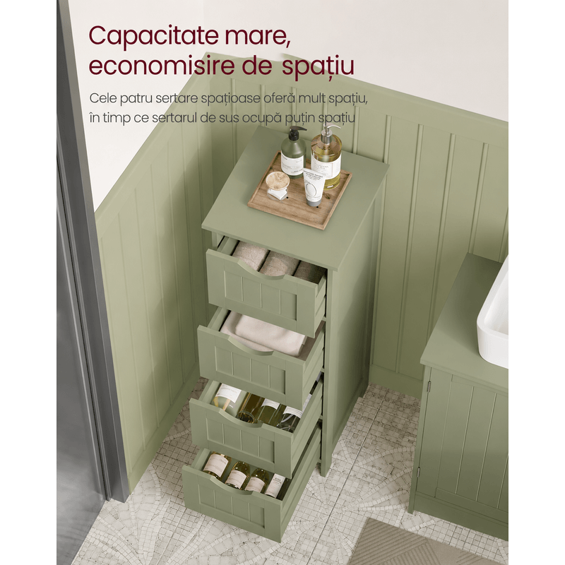 Casa si Gradina - Mobilier - Mobilier baie - Corpuri baie - Dulap de depozitare de podea pentru baie, din lemn cu 4 sertare, 30x30x82cm, verde - Infinity.ro