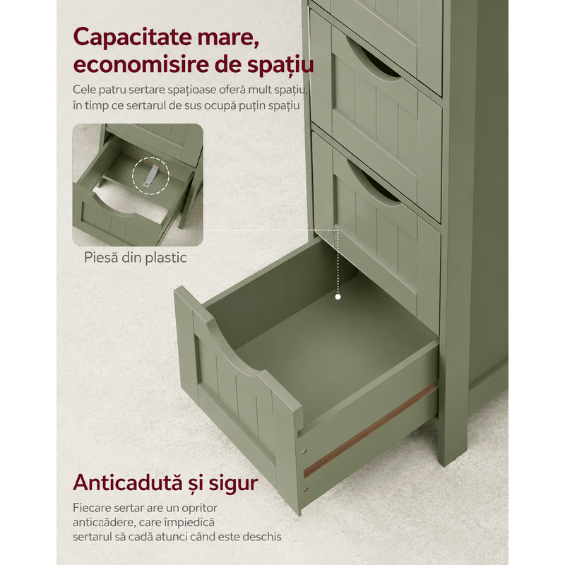 Casa si Gradina - Mobilier - Mobilier baie - Corpuri baie - Dulap de depozitare de podea pentru baie, din lemn cu 4 sertare, 30x30x82cm, verde - Infinity.ro