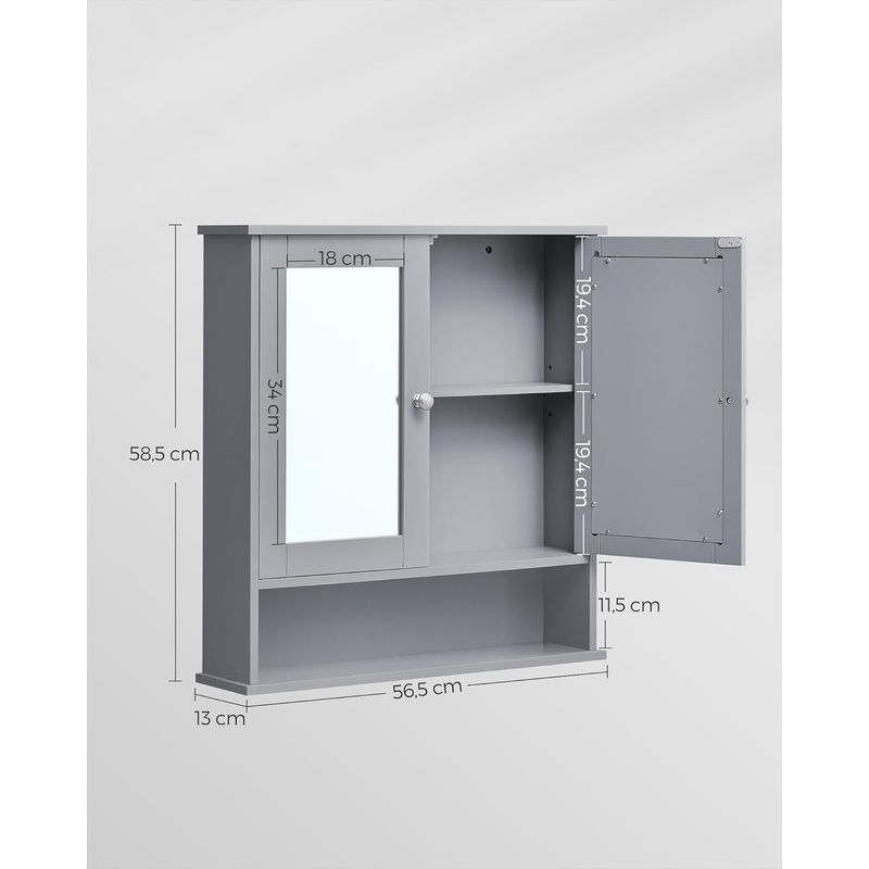 Casa si Gradina - Mobilier - Mobilier baie - Corpuri baie - Dulap de baie de perete cu oglinda, 2 usi, compartiment deschis, rafturi reglabile, 13x56x58cm, gri - Infinity.ro