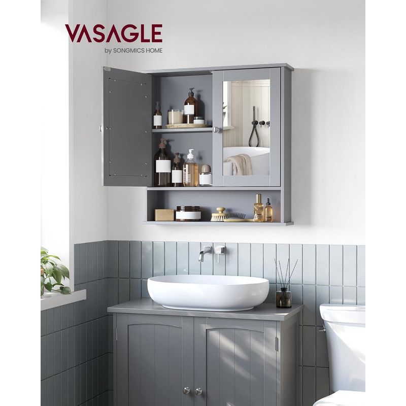 Casa si Gradina - Mobilier - Mobilier baie - Corpuri baie - Dulap de baie de perete cu oglinda, 2 usi, compartiment deschis, rafturi reglabile, 13x56x58cm, gri - Infinity.ro
