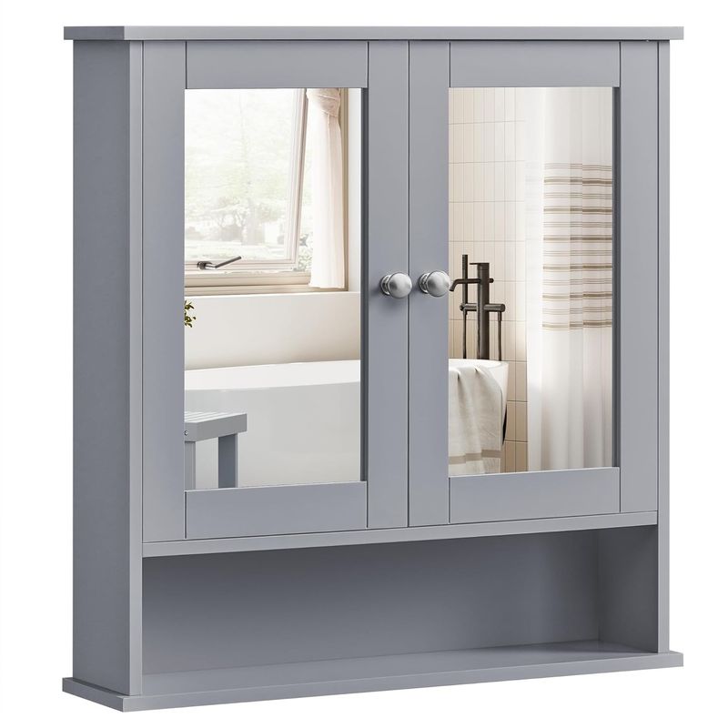 Casa si Gradina - Mobilier - Mobilier baie - Corpuri baie - Dulap de baie de perete cu oglinda, 2 usi, compartiment deschis, rafturi reglabile, 13x56x58cm, gri - Infinity.ro