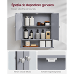 Casa si Gradina - Mobilier - Mobilier baie - Corpuri baie - Dulap de baie de perete cu oglinda, 2 usi, compartiment deschis, rafturi reglabile, 13x56x58cm, gri - Infinity.ro