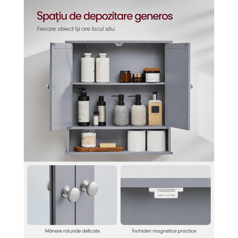 Casa si Gradina - Mobilier - Mobilier baie - Corpuri baie - Dulap de baie de perete cu oglinda, 2 usi, compartiment deschis, rafturi reglabile, 13x56x58cm, gri - Infinity.ro
