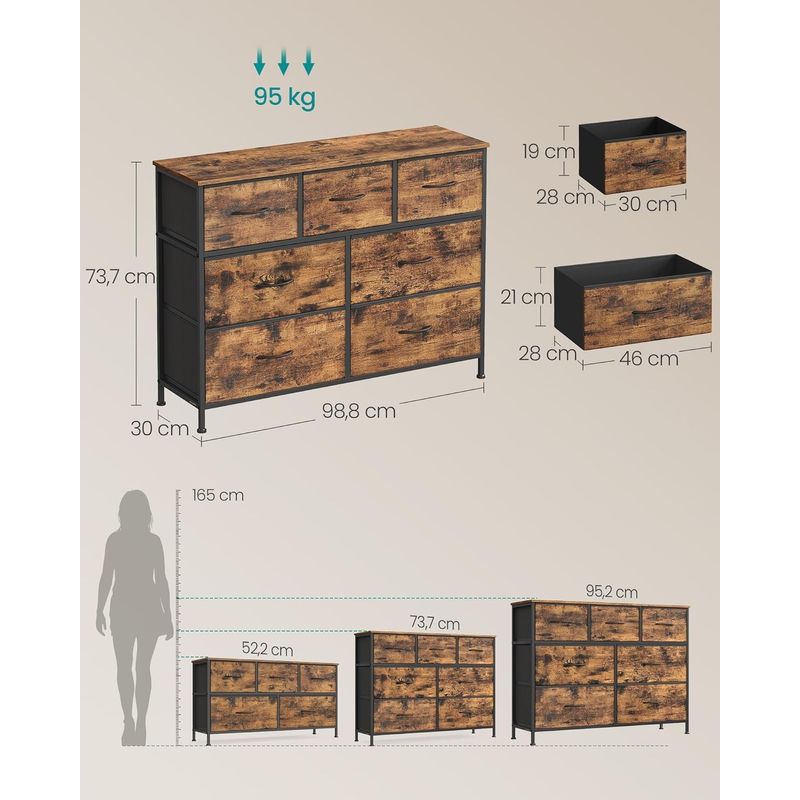 Casa si Gradina - Mobilier - Comode si corpuri - Comode - Comoda cu 7 sertare, cadru metalic si blat MDF, sertare textile, 99x30x74 cm, maro rustic - Infinity.ro