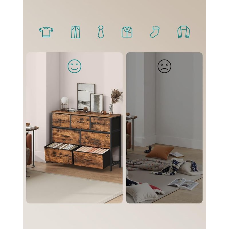 Casa si Gradina - Mobilier - Comode si corpuri - Comode - Comoda cu 7 sertare, cadru metalic si blat MDF, sertare textile, 99x30x74 cm, maro rustic - Infinity.ro