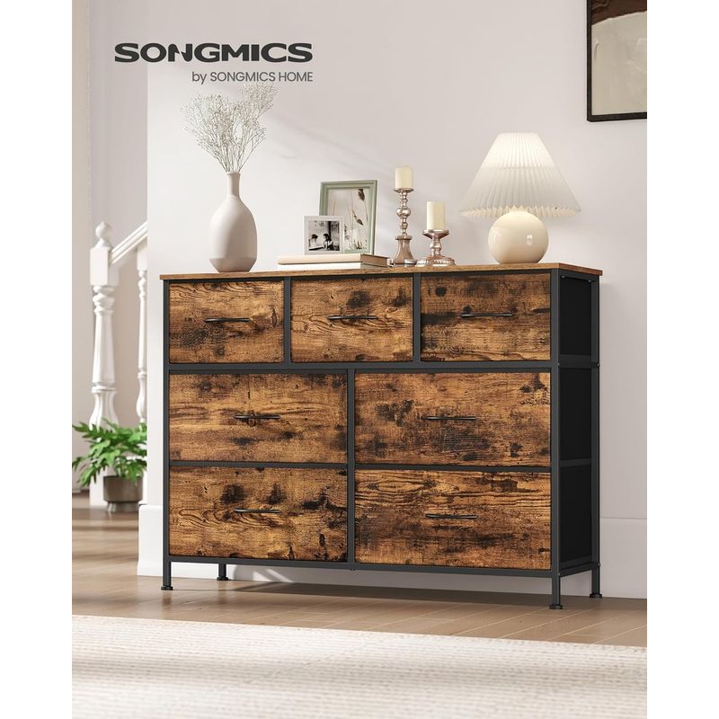Casa si Gradina - Mobilier - Comode si corpuri - Comode - Comoda cu 7 sertare, cadru metalic si blat MDF, sertare textile, 99x30x74 cm, maro rustic - Infinity.ro