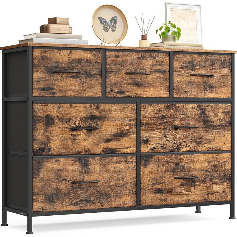 Casa si Gradina - Mobilier - Comode si corpuri - Comode - Comoda cu 7 sertare, cadru metalic si blat MDF, sertare textile, 99x30x74 cm, maro rustic - Infinity.ro