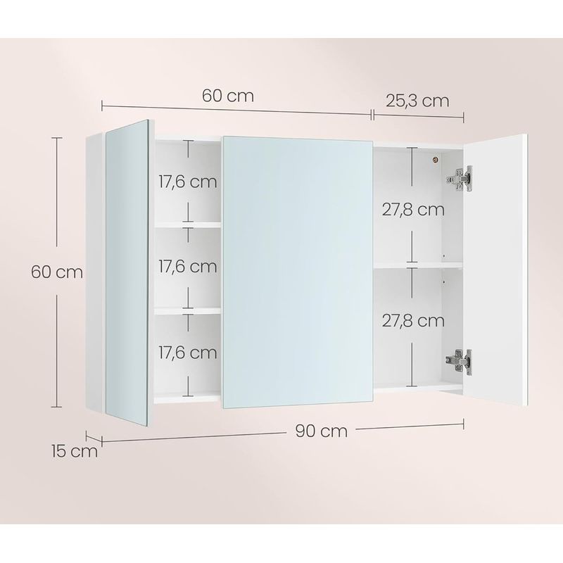Casa si Gradina - Mobilier - Mobilier baie - Corpuri baie - Dulap pentru baie cu oglinda, 3 usi si rafturi reglabile, MDF, 90x15x60 cm, alb - Infinity.ro
