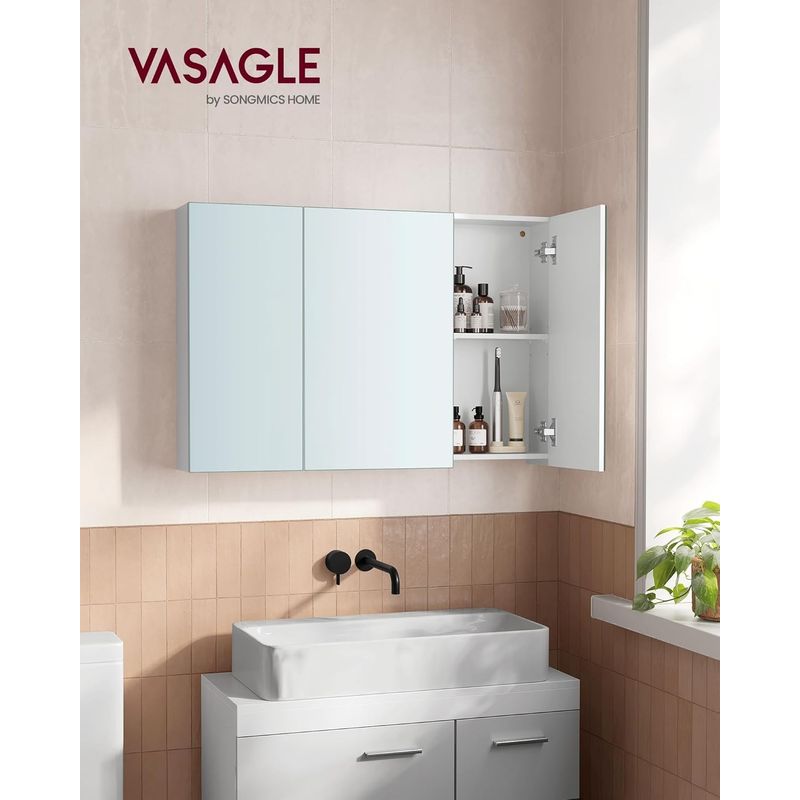 Casa si Gradina - Mobilier - Mobilier baie - Corpuri baie - Dulap pentru baie cu oglinda, 3 usi si rafturi reglabile, MDF, 90x15x60 cm, alb - Infinity.ro