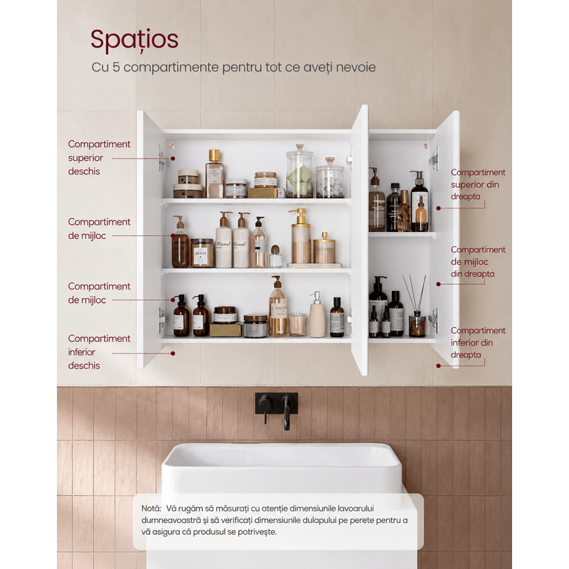 Casa si Gradina - Mobilier - Mobilier baie - Corpuri baie - Dulap pentru baie cu oglinda, 3 usi si rafturi reglabile, MDF, 90x15x60 cm, alb - Infinity.ro