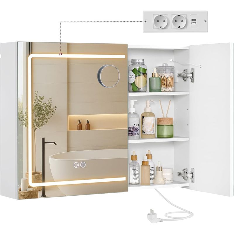 Casa si Gradina - Mobilier - Mobilier baie - Corpuri baie - Dulap pentru baie cu oglinda si iluminare LED reglabila, functie anti-abur, USB si prize integrate, 80x17x60 cm, alb - Infinity.ro
