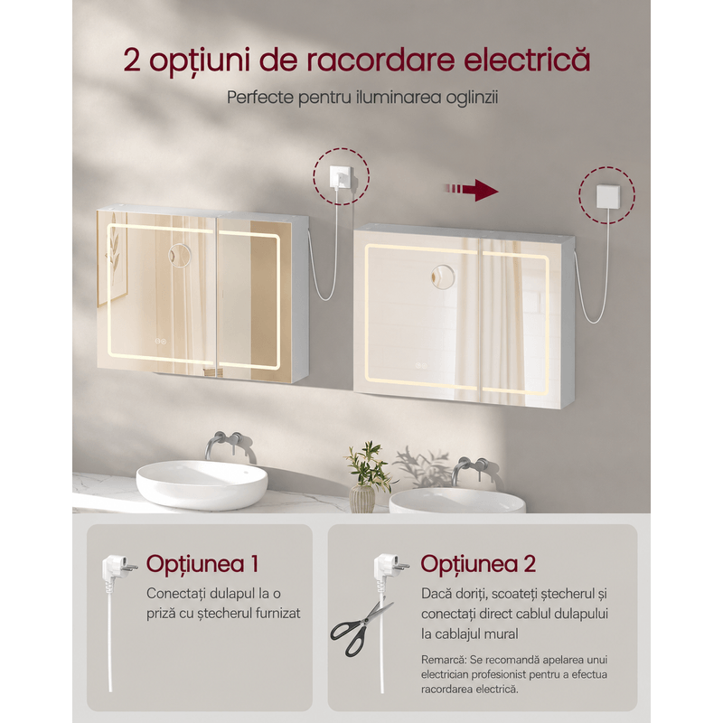 Casa si Gradina - Mobilier - Mobilier baie - Corpuri baie - Dulap pentru baie cu oglinda si iluminare LED reglabila, functie anti-abur, USB si prize integrate, 80x17x60 cm, alb - Infinity.ro