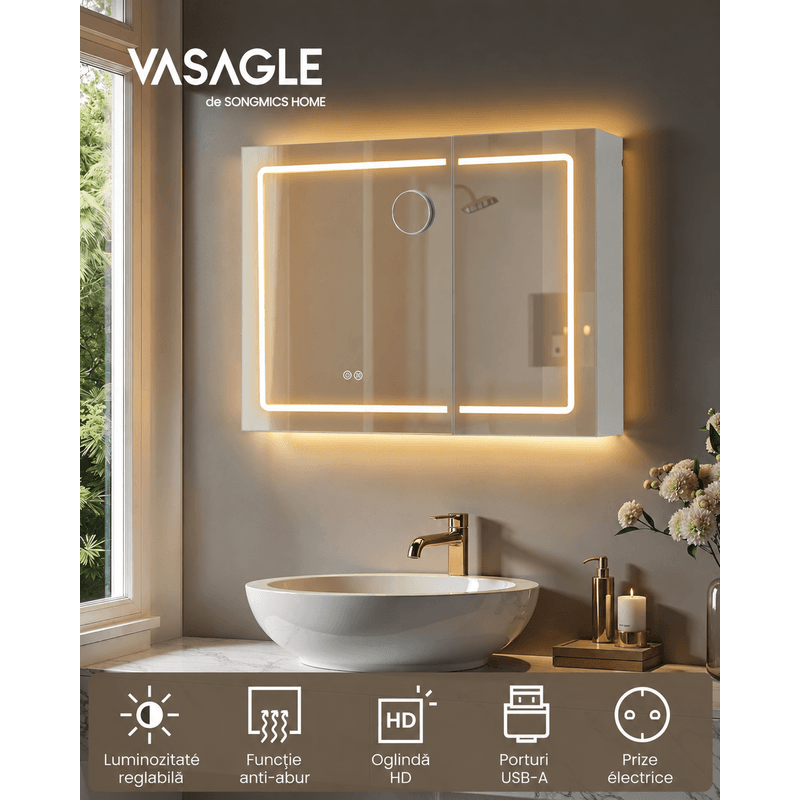 Casa si Gradina - Mobilier - Mobilier baie - Corpuri baie - Dulap pentru baie cu oglinda si iluminare LED reglabila, functie anti-abur, USB si prize integrate, 80x17x60 cm, alb - Infinity.ro