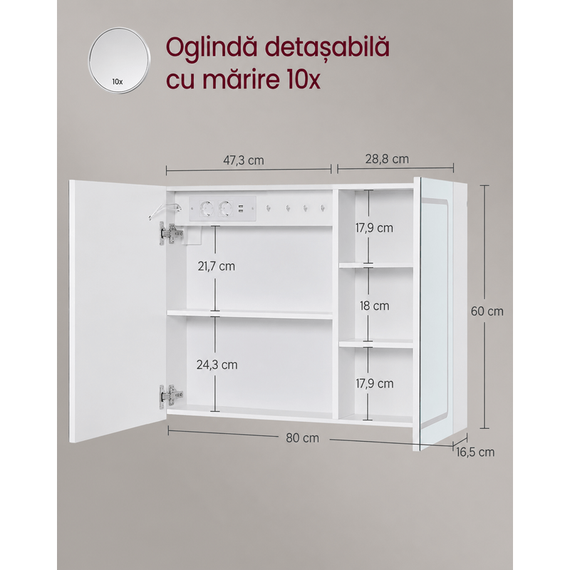 Casa si Gradina - Mobilier - Mobilier baie - Corpuri baie - Dulap pentru baie cu oglinda si iluminare LED reglabila, functie anti-abur, USB si prize integrate, 80x17x60 cm, alb - Infinity.ro