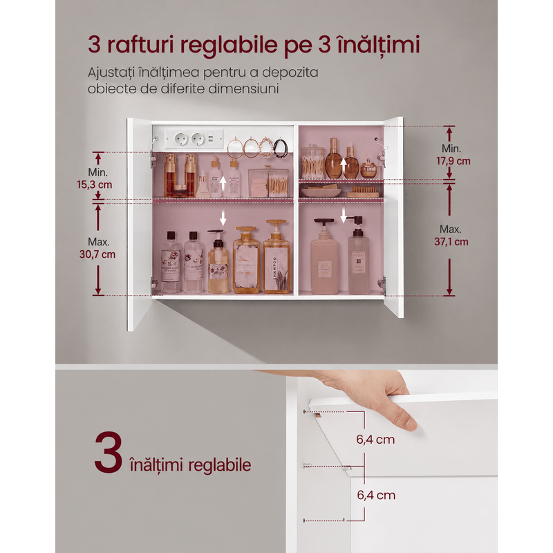 Casa si Gradina - Mobilier - Mobilier baie - Corpuri baie - Dulap pentru baie cu oglinda si iluminare LED reglabila, functie anti-abur, USB si prize integrate, 80x17x60 cm, alb - Infinity.ro