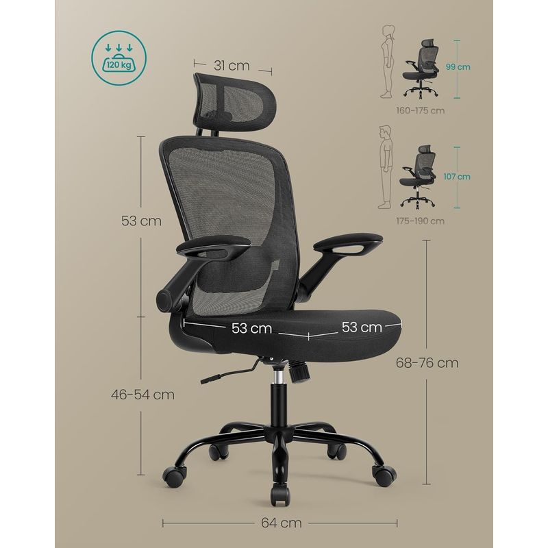 Casa si Gradina - Mobilier - Scaune si fotolii - Scaune - Scaun birou ergonomic cu tetiera, suport lombar reglabil si cotiere rabatabile, 64x64x130 cm, negru - Infinity.ro