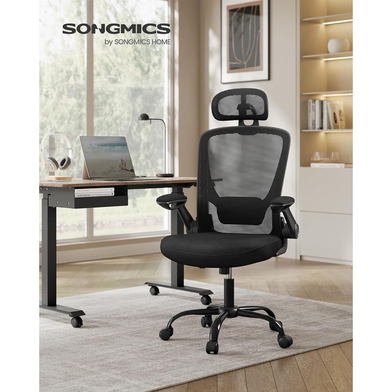 Casa si Gradina - Mobilier - Scaune si fotolii - Scaune - Scaun birou ergonomic cu tetiera, suport lombar reglabil si cotiere rabatabile, 64x64x130 cm, negru - Infinity.ro