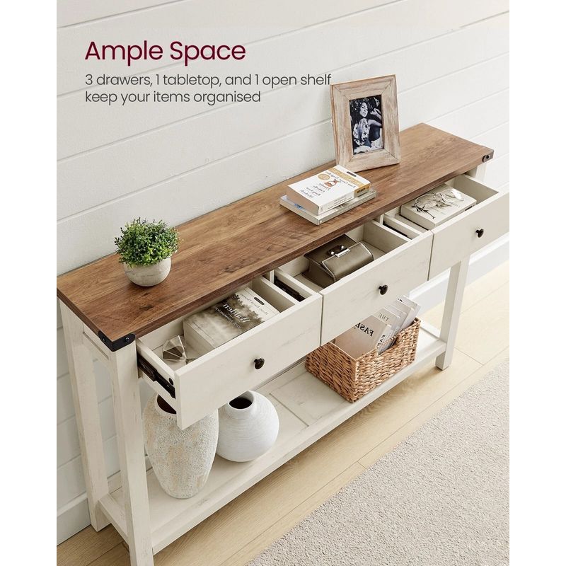 Casa si Gradina - Mobilier - Mese si birouri - Masute de cafea - Masa tip consola cu 3 sertare si raft inferior, MDF si lemn masiv cu aspect hambar, 120x24x76 cm, alb rustic si maro - Infinity.ro