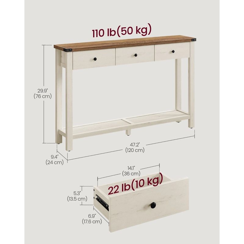 Casa si Gradina - Mobilier - Mese si birouri - Masute de cafea - Masa tip consola cu 3 sertare si raft inferior, MDF si lemn masiv cu aspect hambar, 120x24x76 cm, alb rustic si maro - Infinity.ro