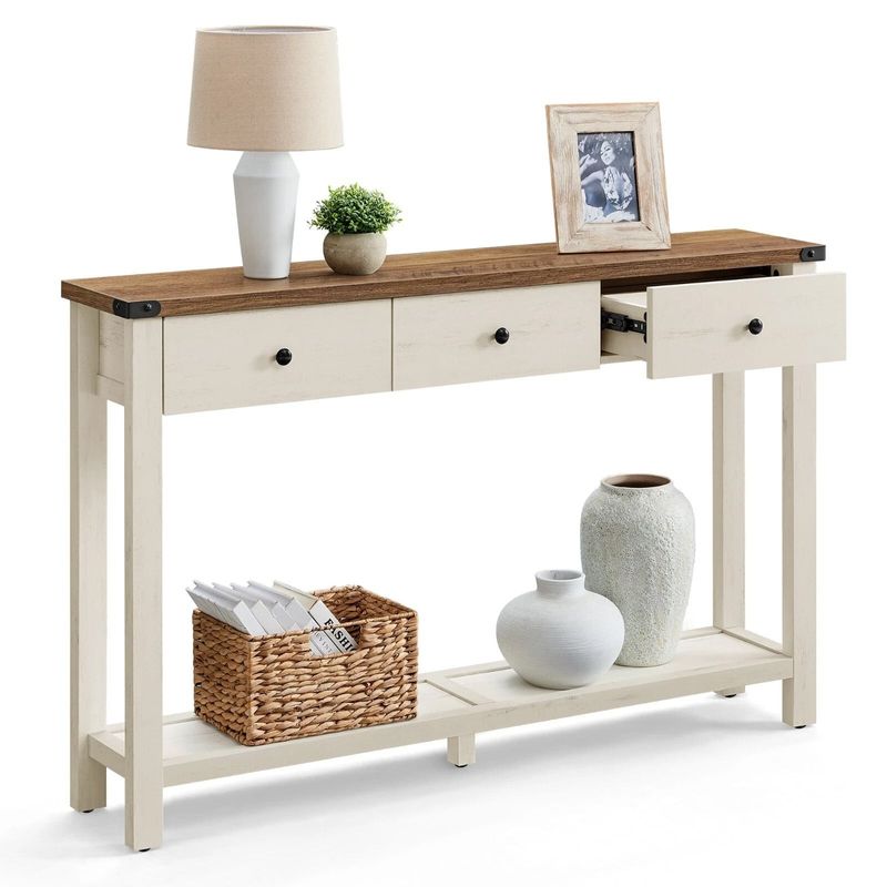 Casa si Gradina - Mobilier - Mese si birouri - Masute de cafea - Masa tip consola cu 3 sertare si raft inferior, MDF si lemn masiv cu aspect hambar, 120x24x76 cm, alb rustic si maro - Infinity.ro